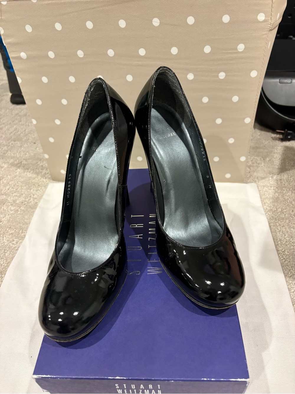 Stuart Weitzman Black Patent Round-Toe Pumps